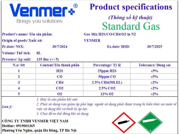 Khí chuẩn 15ppm H2S, 50ppm CO, 2% CO2, 2.5% CH4, 18% O2