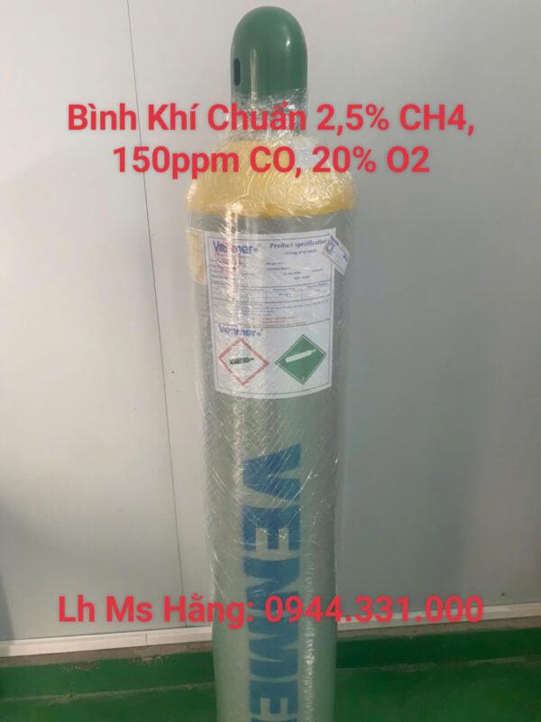 Bình khí chuẩn 2,5% CH4, 150ppm CO, 20% O2